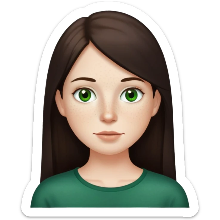 Me with white freckled skin with dark long brown straight hair , green eyes, thin top lip big bottom lip mole on the right side of my chin  sticker