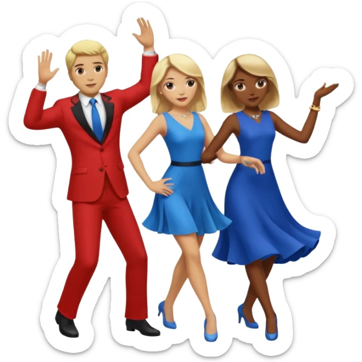 Two people dancing. A man wearing red with light skin and blonde hair. A women wearing bue with dark skin and brown hair. sticker