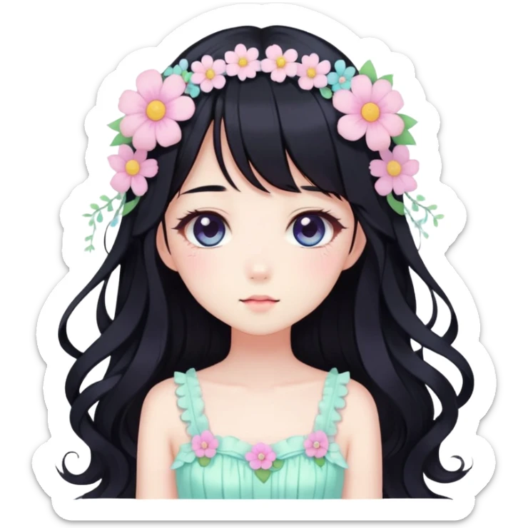 Kawaii anime lady with long black hair wearing a gorgeous pastel fairycore dress with flower details sticker