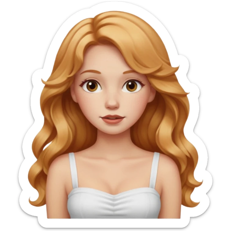 white girl with strawberry blonde super long wavy hair, white tube top, blushed cheeks sticker