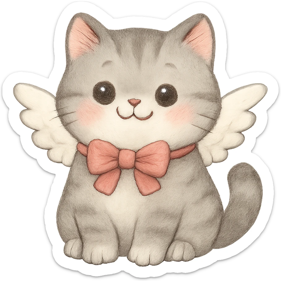 Add small angel wings to the cute chubby cat with a pink bow, soft gray fur, big round eyes, and a happy face. Keep the background transparent. The style should match the original image's look. sticker