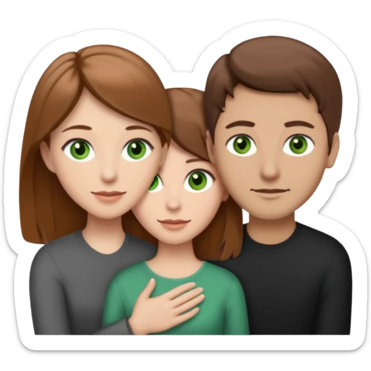 3 people. Throuple. Blank woman with light brown hair and green eye color on left. And also a blank man with brown hair and grey eye color in the middle. And a blank woman with brown hair and grey eye color on the right. Holding each other sticker