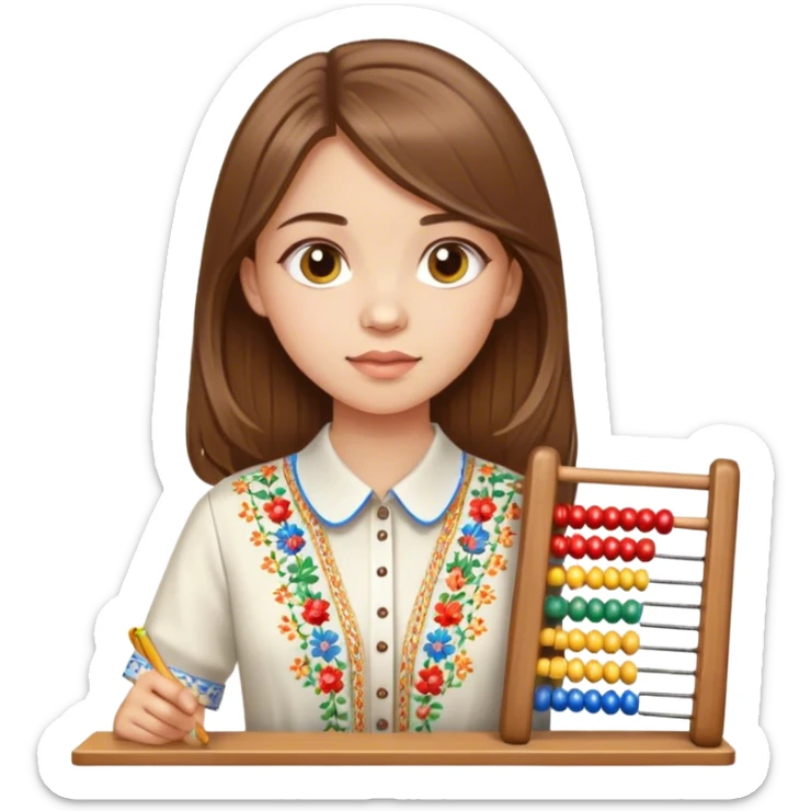 A Ukrainian girl with brown hair in an embroidered shirt holds an Abacus sticker