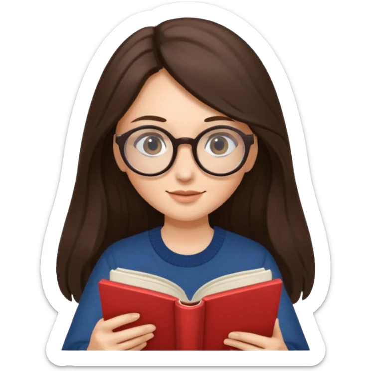 brunette woman with long hair and round glasses, reading a book sticker