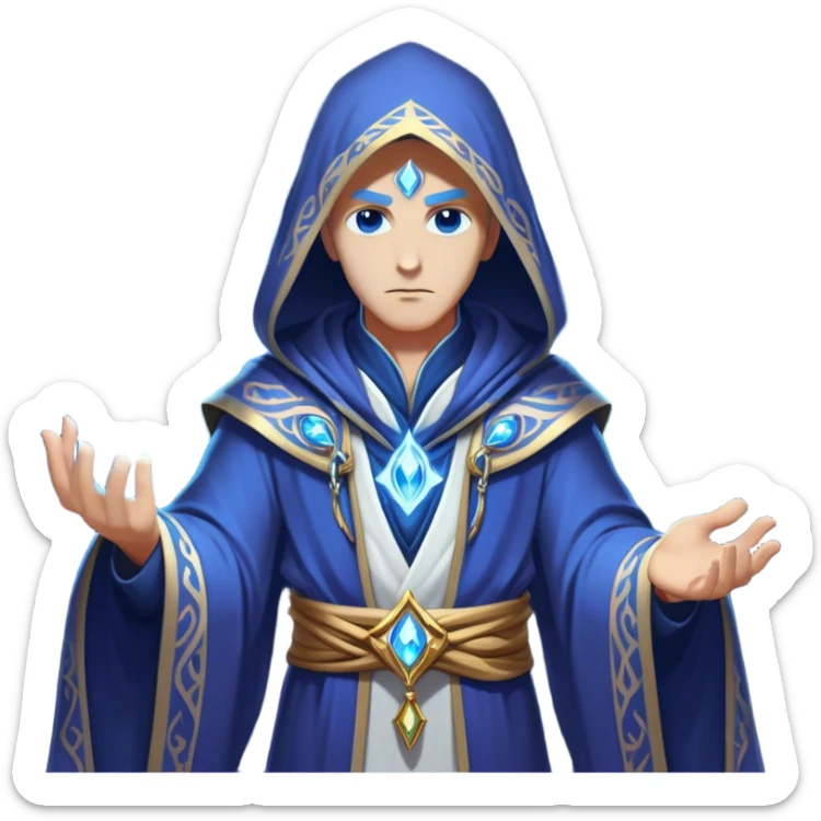 Clash of Clans aesthetic friendly Mage Portrait Emoji, With an enigmatic, slender build draped in flowing mystical robes adorned with arcane symbols, piercing eyes and a determined aura, his face rendered in a natural skin tone (not yellow), Simplified yet sharply defined features, highly detailed, glowing with a cool, otherworldly radiance, high shine, wise and resolute, stylized with an air of ancient sorcery, focused and mystical, soft glowing outline, capturing the essence of a powerful mage ready to unleash enchanted spells on epic adventures! sticker