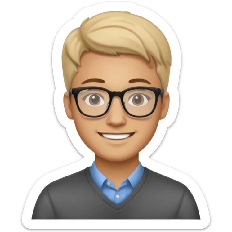a man in his early 20s wearing glasses for a tech company, his job is marketer sticker