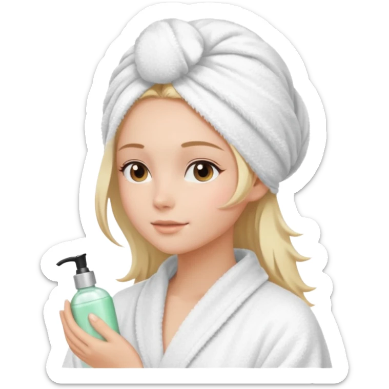 girls side profile  in robe and her hair in a towel with skin care on  sticker