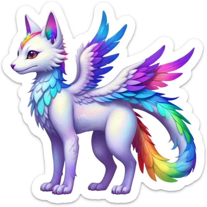 Kawaii neon colorful with feather-wing-ears rainbow iridescent fantasy ethereal feline-vernid-sergal-fursona animal creature with a tufted tail full body with intricate markings sticker