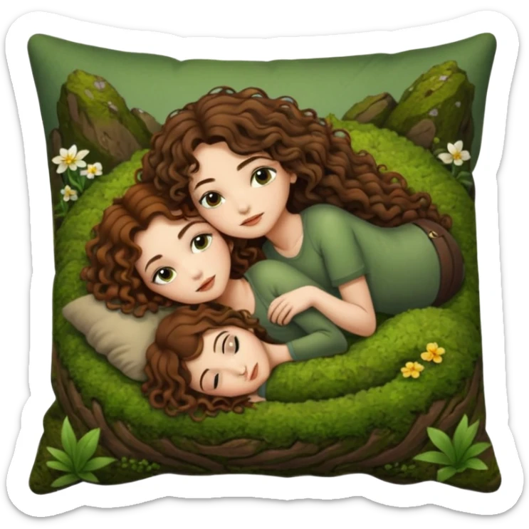 cozy moss bed — long wavy brown hair tattooed woman and short tight curly brown hair woman — curled together on moss pillow sleepy sticker