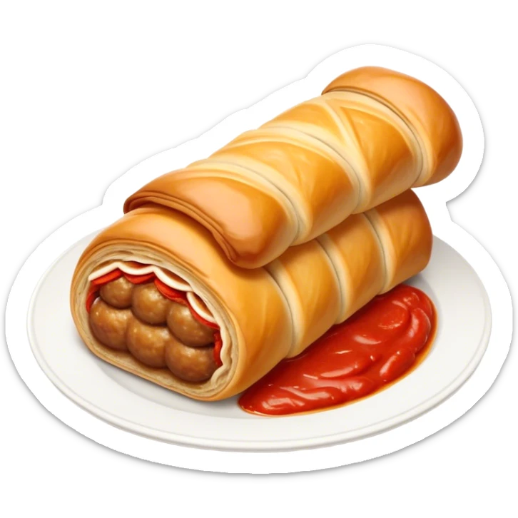 cinematic-realistic-sausage-roll-dish-emoji,-depicted-with-a-crisp,-golden-pastry-wrapped-around-flavorful-sausage,with a squeeze of tomatoe sauce on top sticker