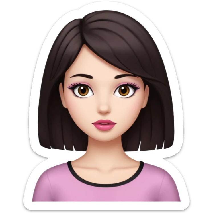 my hair is dark brown almost black, reaching my waist. the haircut is wolfcut, pretty lasher hut not thick. slightly pink lips. sticker