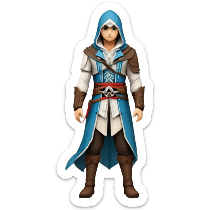 icon featuring Assasin's Creed in an iconic assassin's hood, standing tall against the backdrop of Florence. The design captures the essence of adventure, with intricate details of historical architecture and a sense of mystery. The character is poised, ready for action. transparent background. sticker