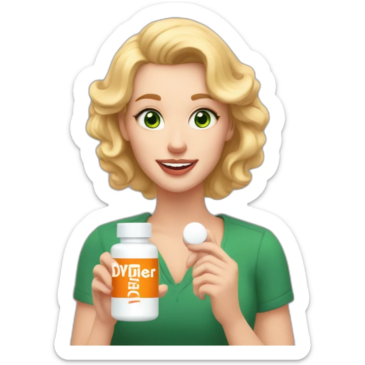White woman with green eyes, ligth pink lips,pronunciate checks,  blond semi curly hair, big teeth,  holding a white pill bottle in hand with a label that says diviher in orange letters sticker
