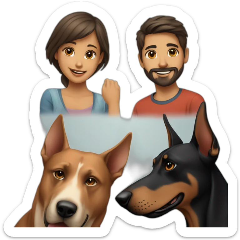 A boy with beard and with a beautiful girl playing with a boy Doberman dog sticker