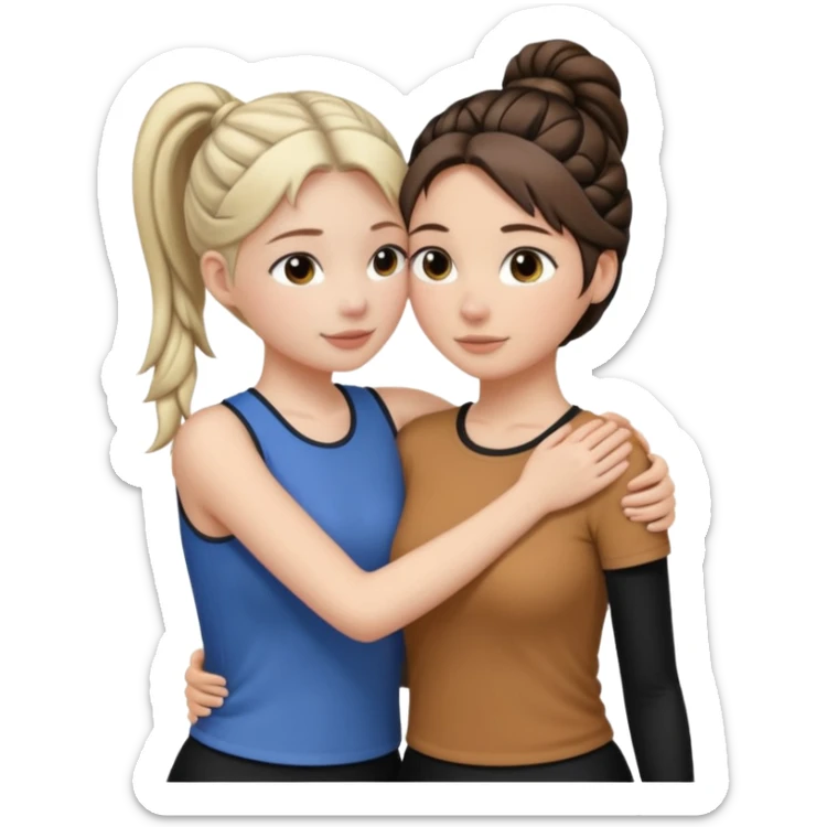 Comforting Hug two white skin women, one shorter woman with brown simple top ponytail, not braided, and one taller woman with long black side braid sticker