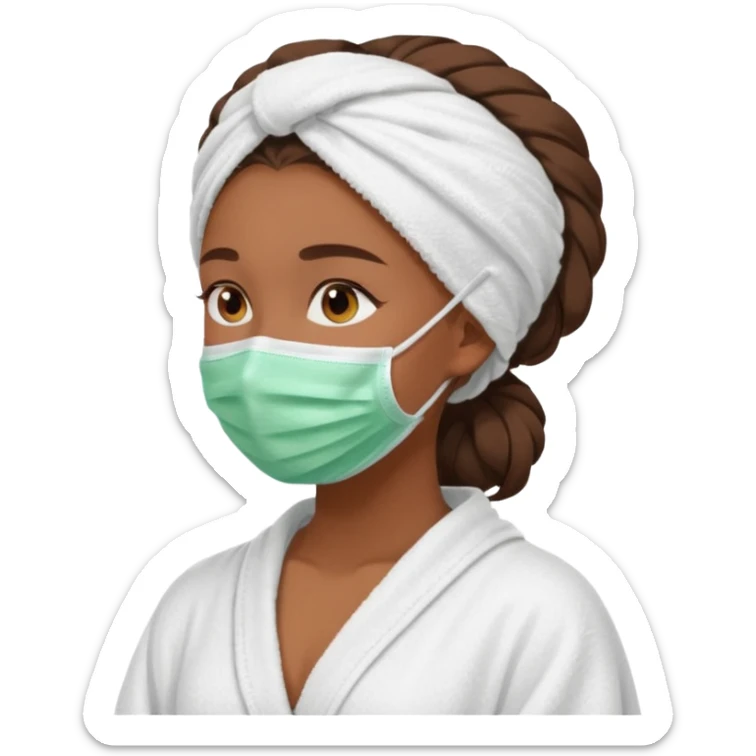 Tanned girls side profile  in robe and her hair in a towel with a face mask on sticker