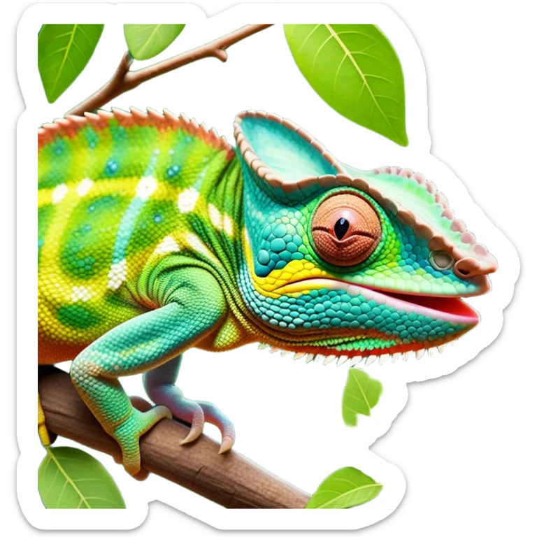 cinematic giant-tongue out chameleon-realistic emoji, mouth wide open with tongue out catching prey, -blending-with-vibrant-greenery.-detailed-scales-in-shifting-colors,-showing-the-chameleon’s-ability-to-camouflage.-soft-natural-light-highlights-its-texture.-light-background, zoomed into its face sticker