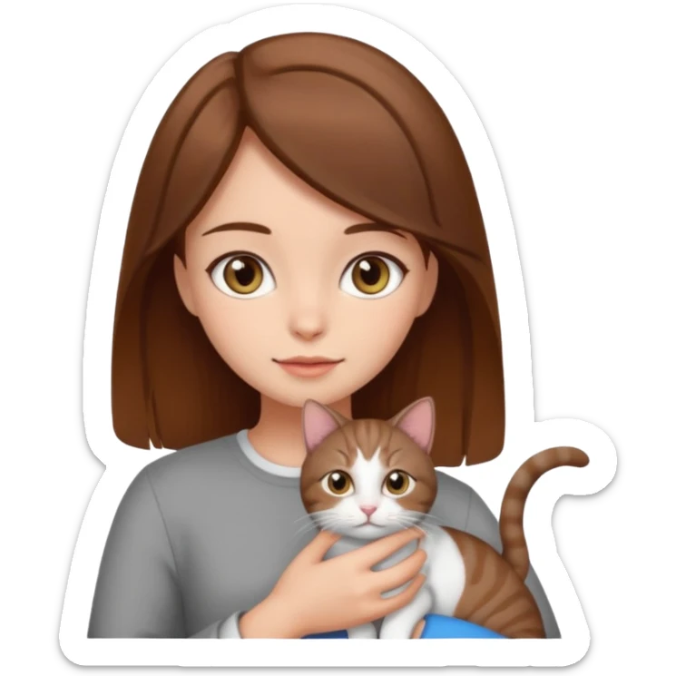 Girl, her hair is brown, and her eyes is grey, in hands cat sticker