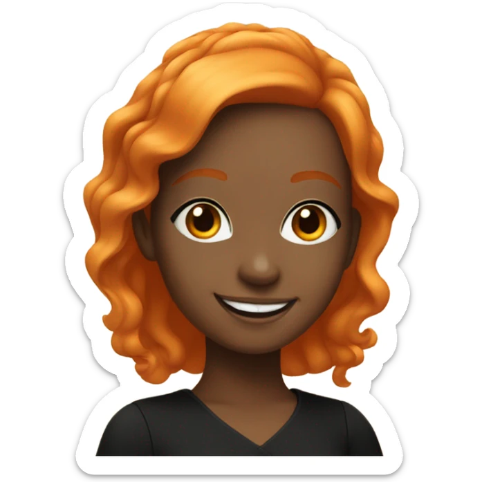 smiling girl in black dress with orange hair sticker