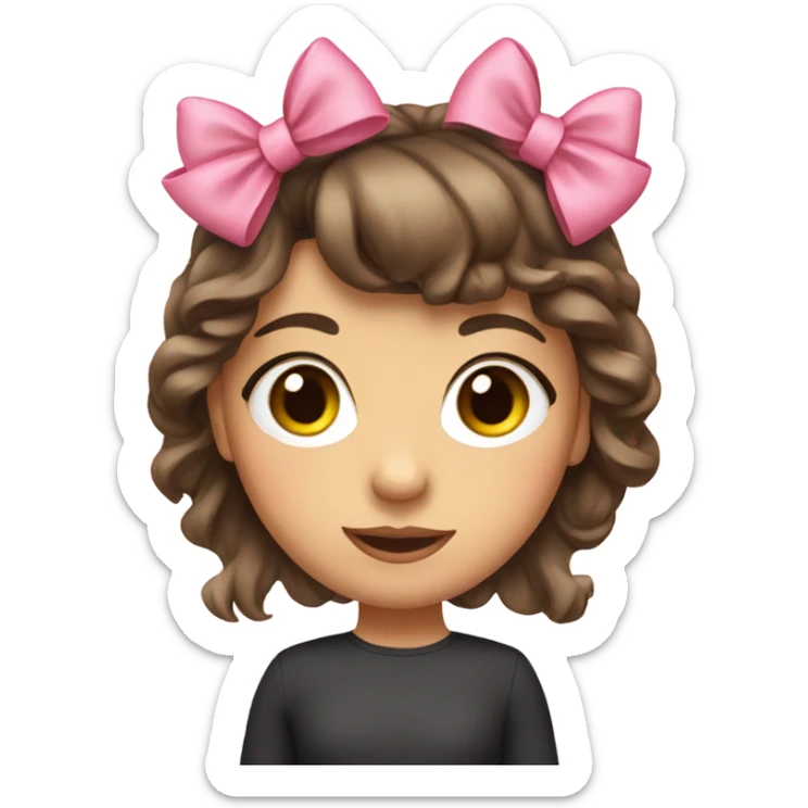 brunette girl with tow pink bow in her hair and bang sticker