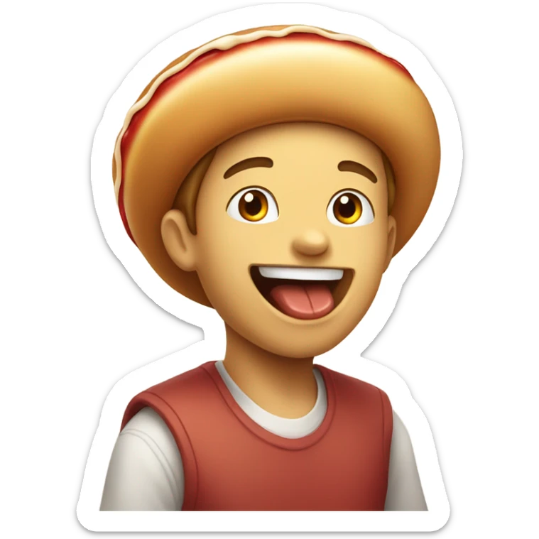 boy enjoying food indoors wearing hotdog hat sticker