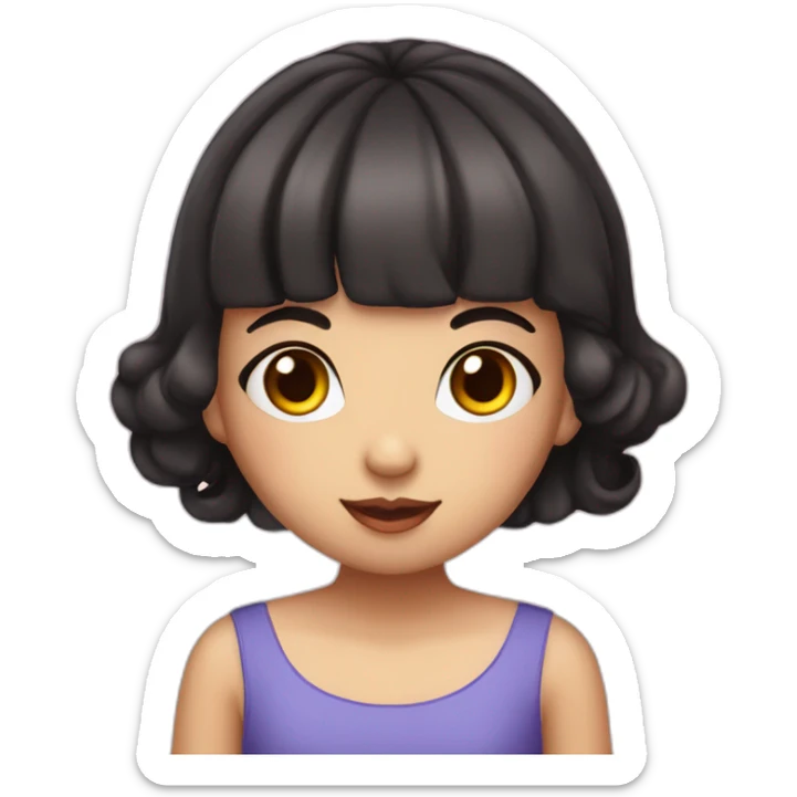 White-skinned girl with dark short wavy hair and bangs in a birthday cap with a cupcake with a candle sticker