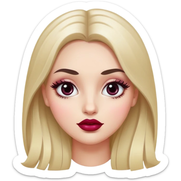 White girl with oval face, huge round black eyes, big eyelashes, berry colored lips, shiny full lips, face closeup, long straight middle-parted hair sticker