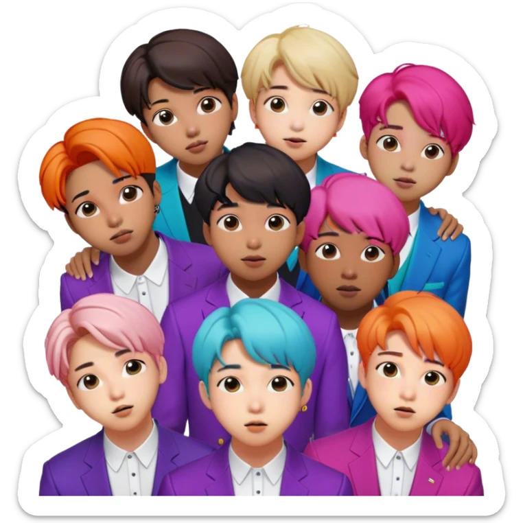 Cinematic Realistic group portrait of BTS featuring all 7 members in stylish modern attire, with detailed facial expressions and vibrant colors, captured in dynamic, contemporary lighting that emphasizes their global pop icon status sticker