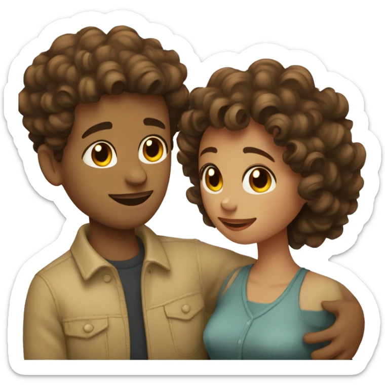 Curly girl with brown hair cuddling with her husband with straight vintage style hair cut and brown hair  sticker