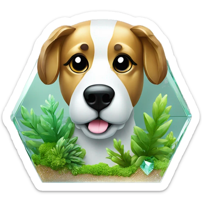 A dog made entirely of glass mirror crystals prisms glass transparent filled with plants as a terrarium sticker