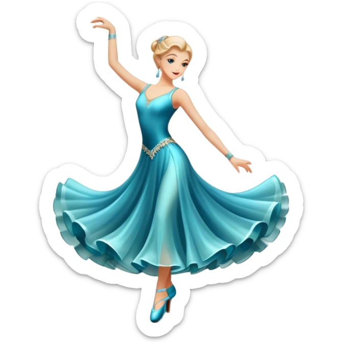 Icon for Ballroom Dance: elegant dance shoes, a flowing ballroom dress, and a dance floor with soft lighting. The icon should capture the grace, elegance, and style of ballroom dancing. Transparent background. sticker