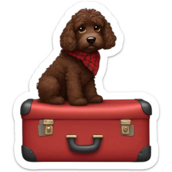 Chocolate colored doodle dog with wavy hair wearing a red and black flannel handkerchief with a carryon suitcase sticker