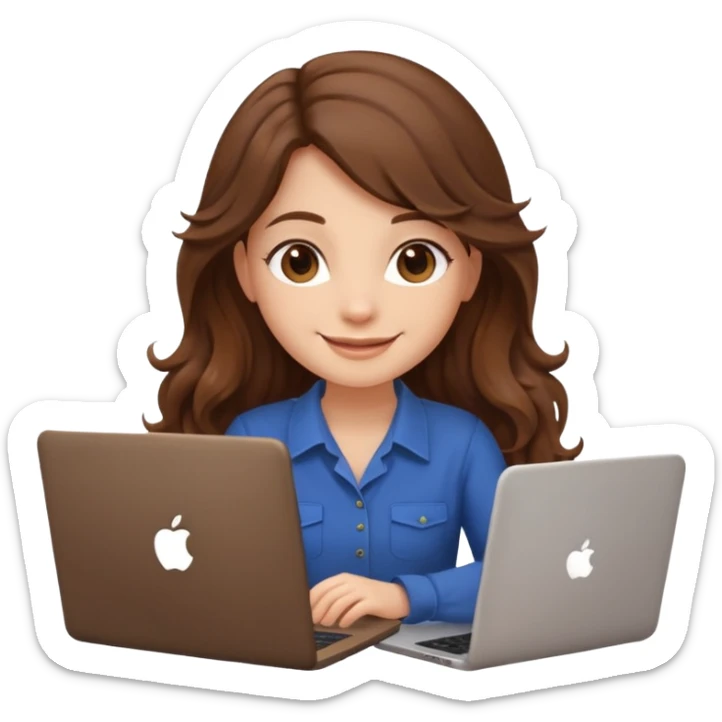Sitting in front of a laptop in the style of a cute female developer. No glasses, long hair waves and smiling. sticker