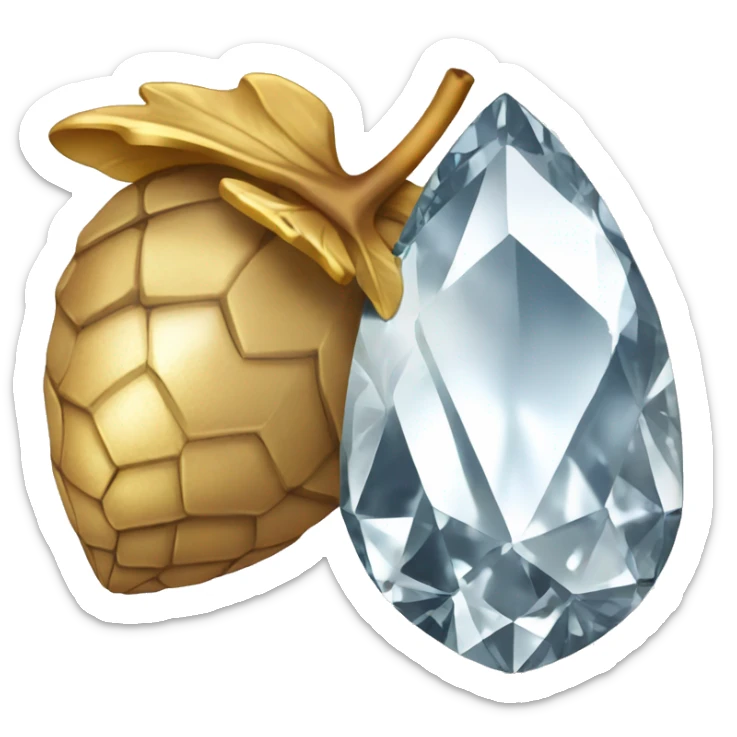 a diamond in the shape of an acorn, sparkling cut diamond, with stem of gold sticker