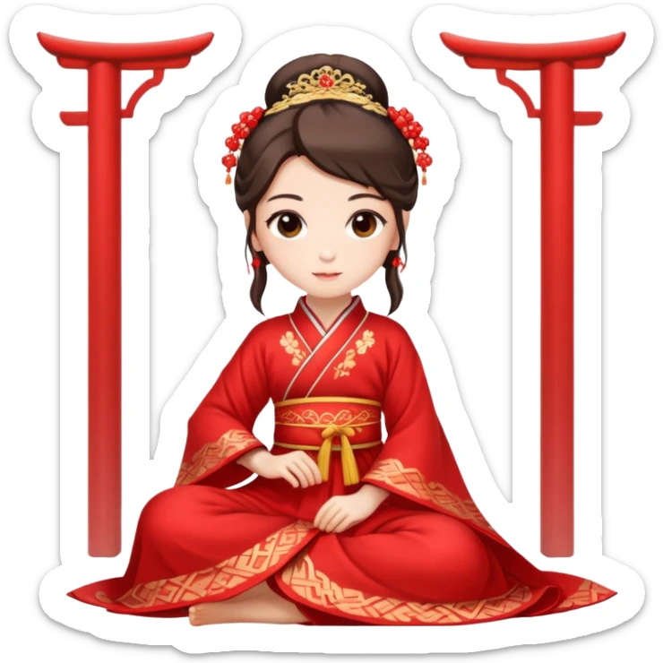 Beautiful girl wearing red Hanfu wedding dress sitting sticker