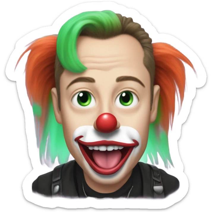 elon musk with a clown face and green nose with a dollar sign on it and puppy dog tongue and ears like an egirl sticker