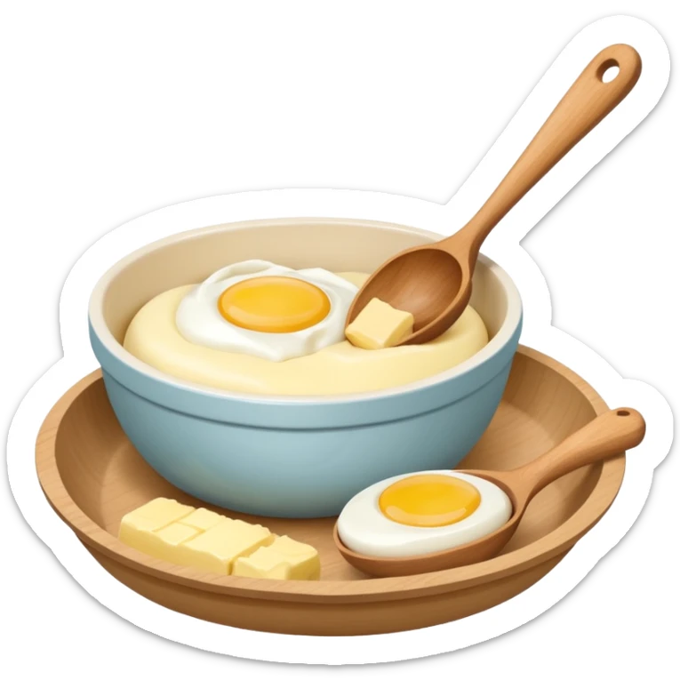 A cream ceramic baking bowl with a wooden spoon in it, next to it is a carton of eggs and butter sticker