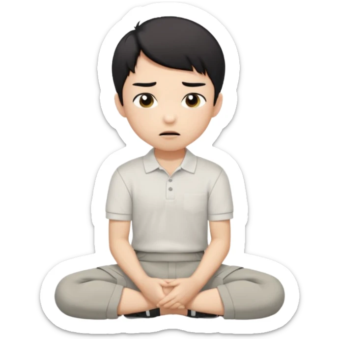 A cartoon young Asian boy with short black hair, light beige skin, and large expressive eyes, wearing a white polo shirt, gray pants, and black shoes. He sits cross-legged on the ground, one fist resting on his cheek, with a closed-mouth smirk. Clean lines, flat colors, solid black background. sticker