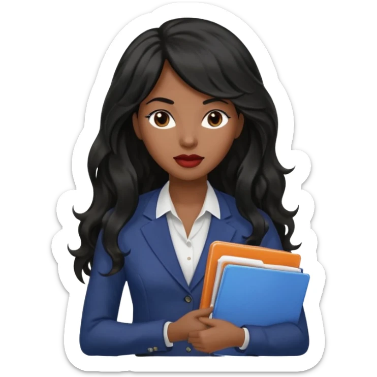 A young woman with long black hair, a wavy frange falling on half of her head. There's a long wavy stretch of hair falling on the side of her head. She's black, medium to dark skinned with thick lips. She's holding folders, and she's a CEO, but she's wearing casual clothes. she has long eyelashes. sticker