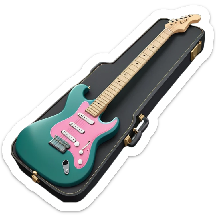 minimalist electric guitar in dark green with pink and blue stripe decal, closed inside a black rectangular hard case with gold latches, flat semi-3D style, soft matte textures, simplified details, stylized decal accent, ready-to-play symbol sticker