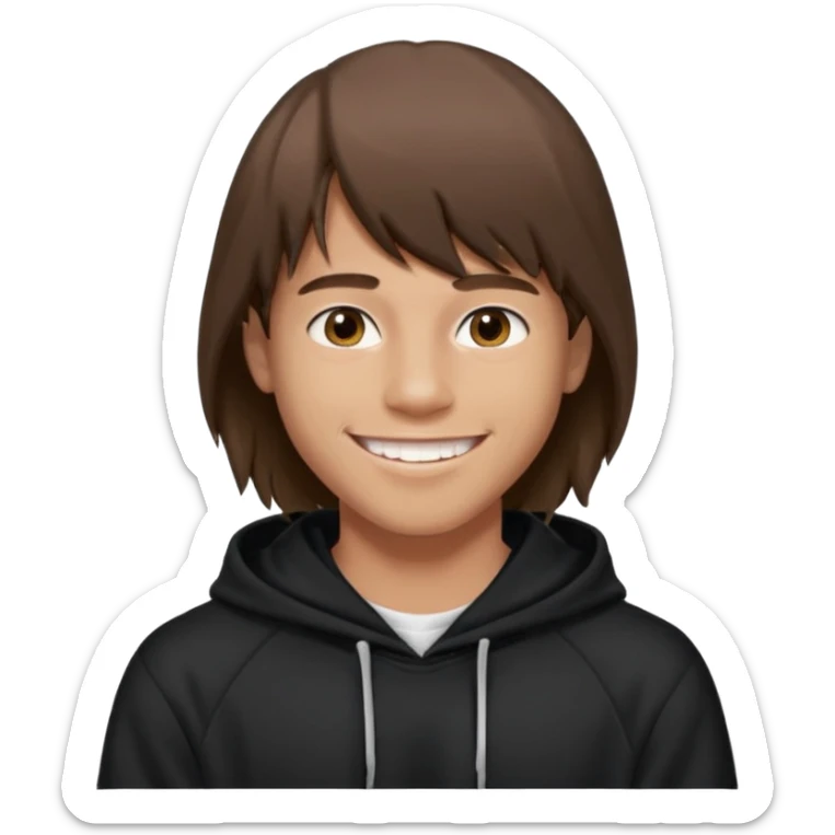 20 yr old man, brown hair, straight, big smile, white teeth, tanned skin, bangs, black hooded sweatshirt, long hair in back, center-parted bangs sticker