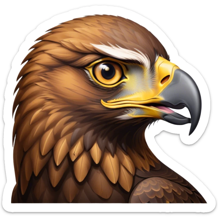 Cinematic Noble Golden Eagle Portrait Emoji, Poised and majestic, with a powerful, broad build, regal hooked beak, and piercing, intense eyes set against richly golden-brown plumage, Simplified yet sharp and sophisticated features, highly detailed, glowing with a soft, amber radiance, high shine, intelligent and commanding, stylized with an air of aerial supremacy, focused and determined, soft glowing outline, capturing the essence of a watchful and confident golden eagle that appears ready to soar out of the screen with effortless authority! sticker