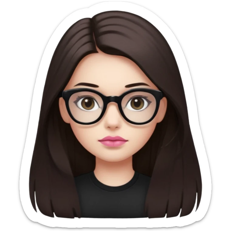 A Girl with dark straight long hair, divided in the middle hairstyle. white skin, black coloured eyes, wearing a black shirt and a tortoise framed glasses. Her mounth is light old pink. sticker