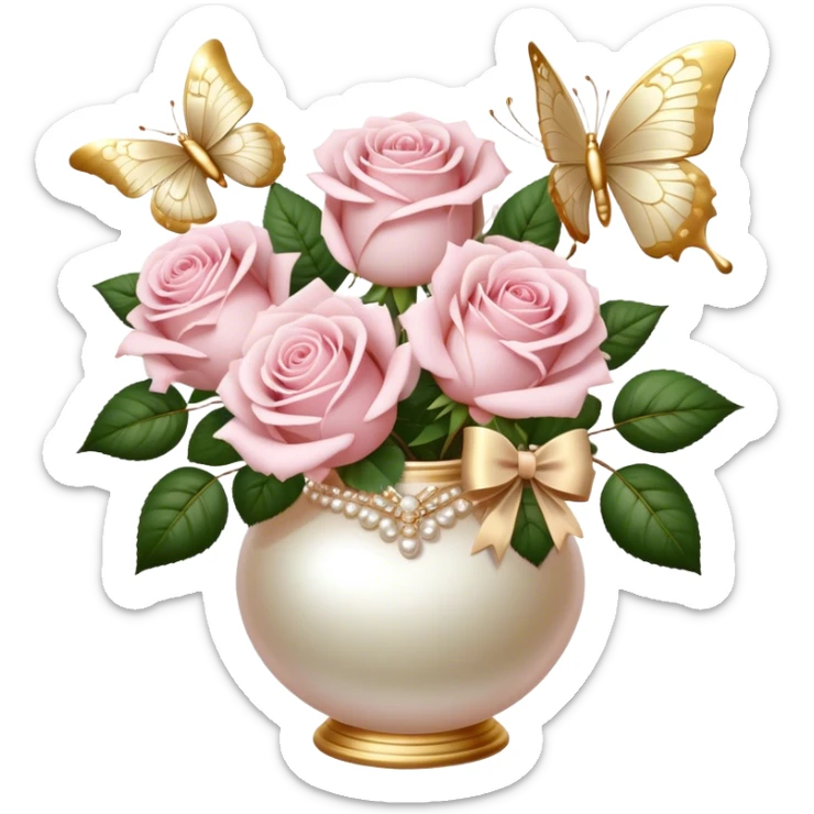 Realistic aesthetic bouquet of roses. Three white and three light pink in a pearl vase and a beige bow with gold decoration and a butterfly with gold and beige wings sticker