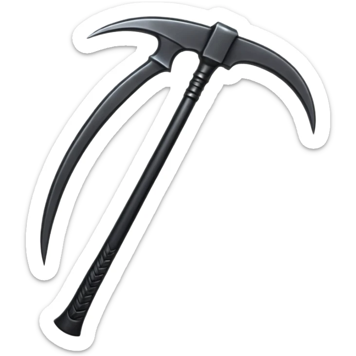 The scythe of the God of Death, a symbol of death, is long and straight, entirely in deep black. sticker