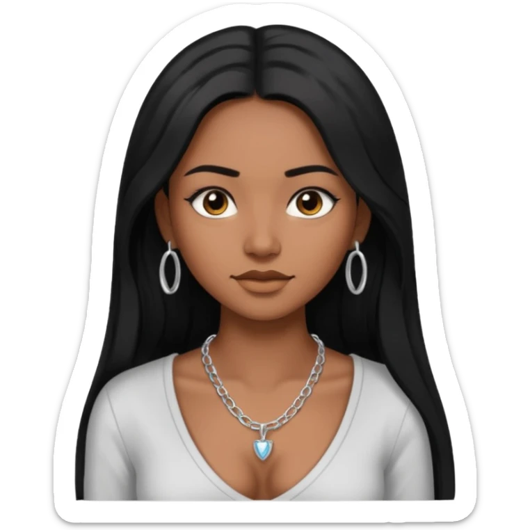 Brown skin girl with long black hair with 4 edges 2 on each side wearing a v-cut neckline shirt with a silver necklace sticker