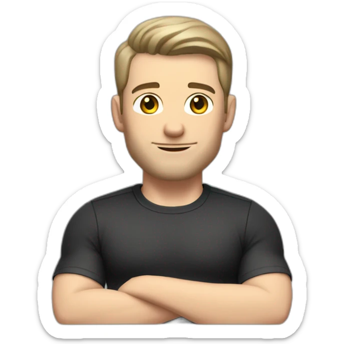 Pale skinned Fit Man With the biceps and dark brown hair in black shirt, gray sports shorts and white Sneakers Sitting on a chair sticker