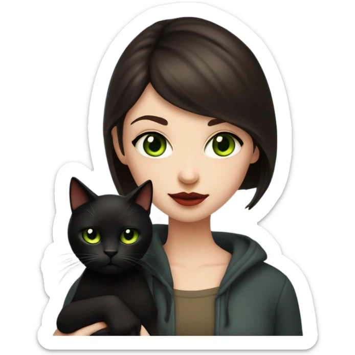 A teenage girl with white skin, she have some green hazel eyes, red lipstick, mid long straight dark brown hair, she have an eyeliner and she is holding a black cat in her arms, view from close sticker