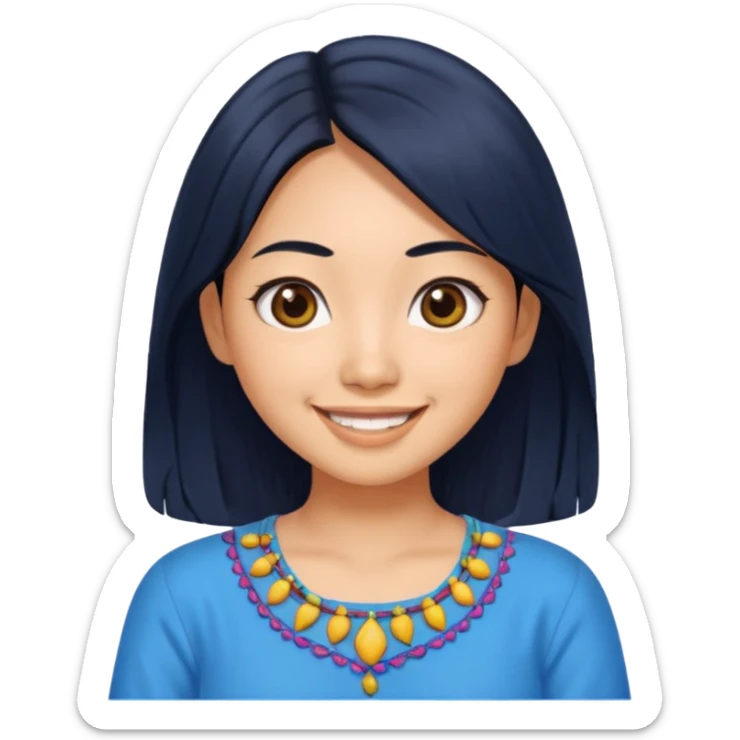 30 yr old asian woman center parted hair big eyes big smile tanned skin straight black hair hippie part hair blue blouse sticker