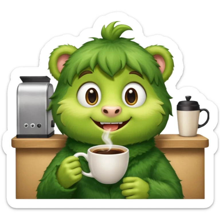 Cut the Rope's Om Nome in barista's suite with a cup of cofee sticker